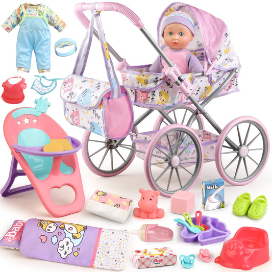 YIYBM baby doll stroller playset shows a realistic push experience for imaginative play
