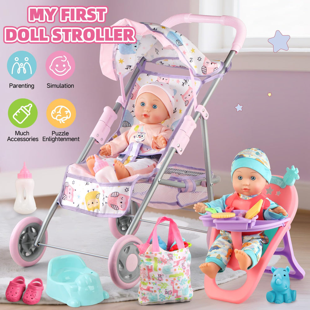 YIYBM stroller with EVA wheels glides smoothly for pretend trips.