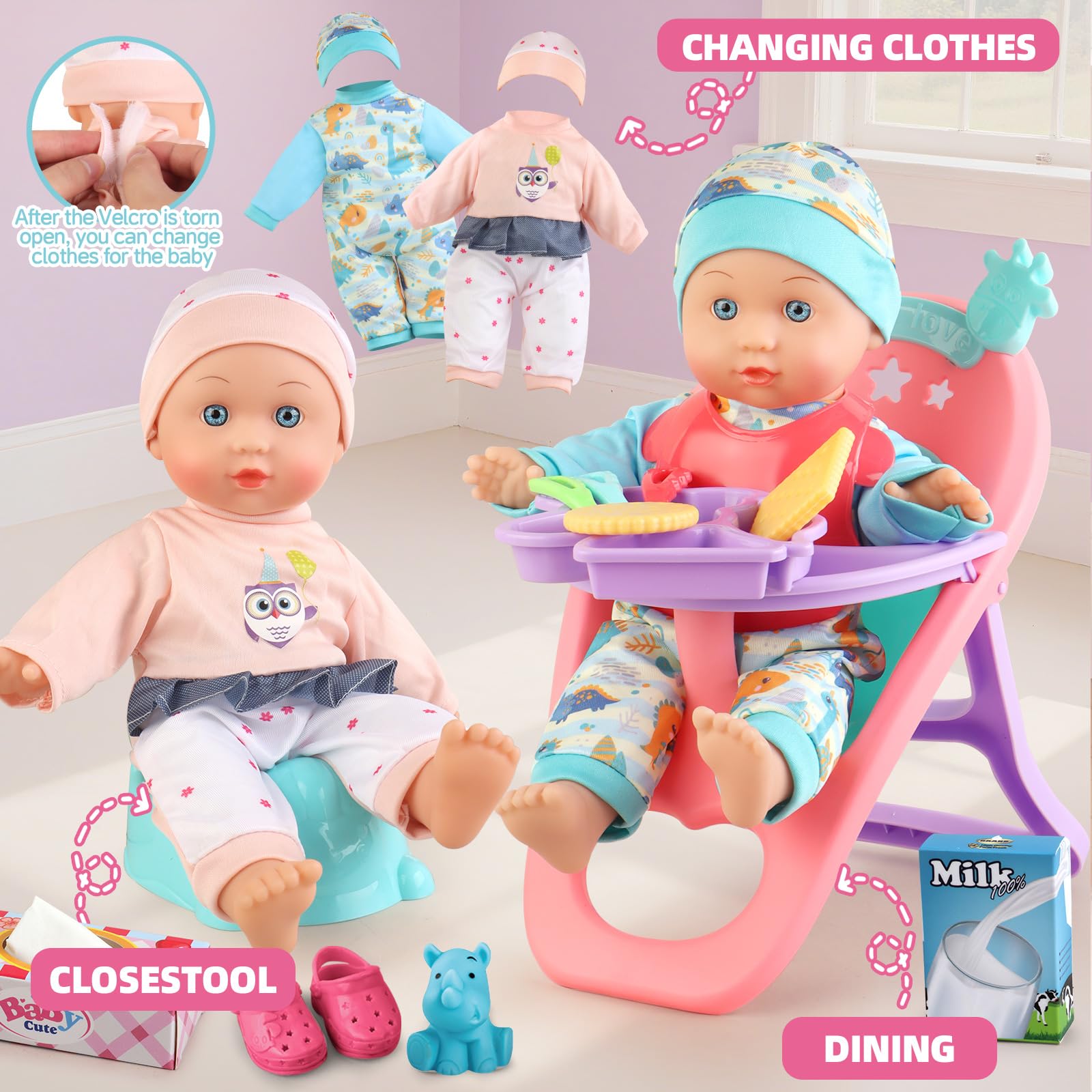 YIYBM doll dining chair supports feeding and tea-time play.