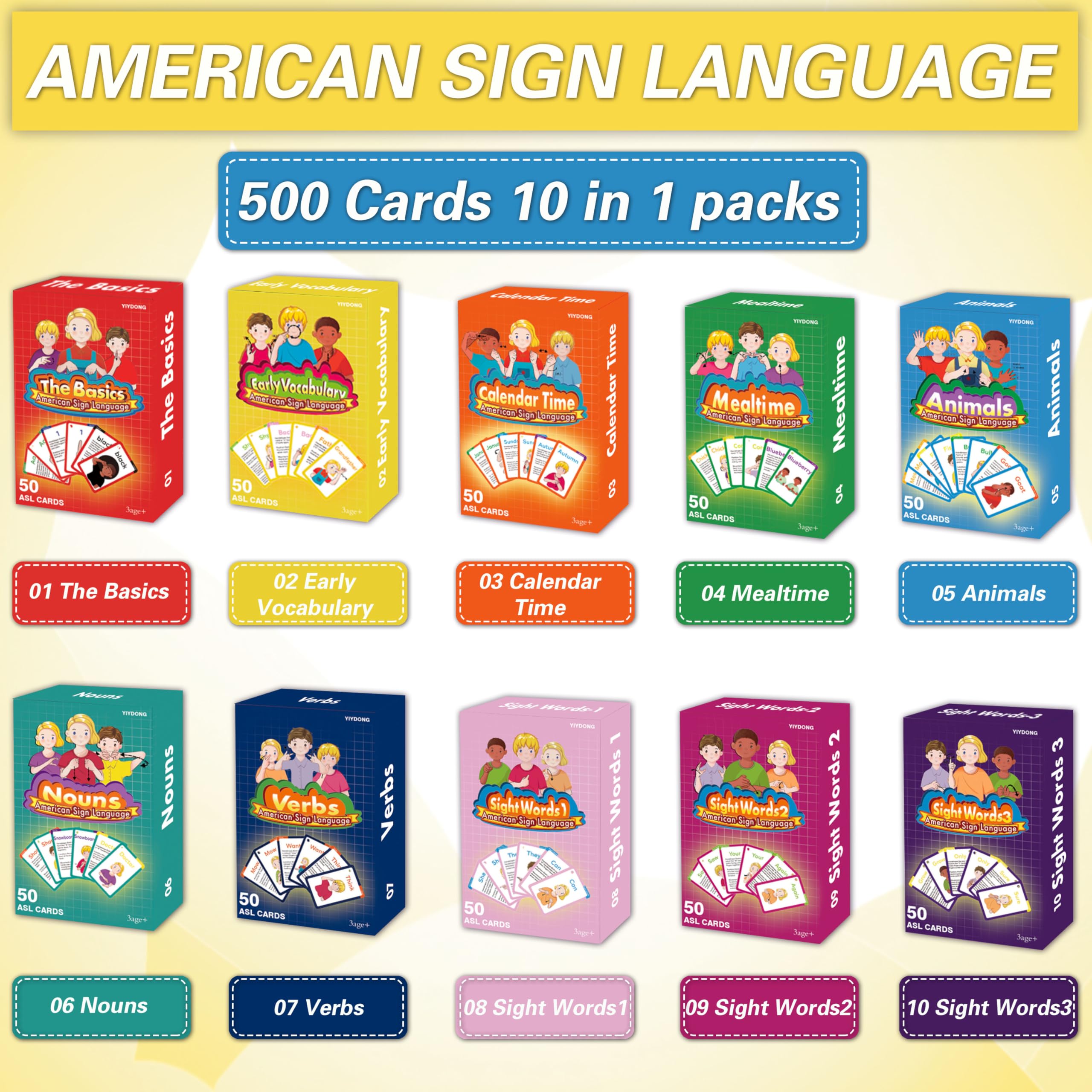 YIYDONG ASL flash cards showing ten themed packs for targeted learning
