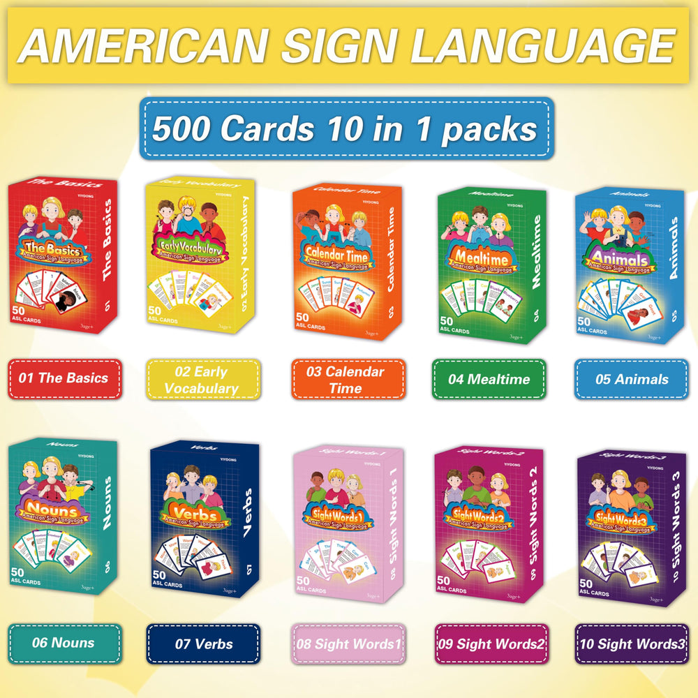YIYDONG ASL flash cards showing ten themed packs for targeted learning
