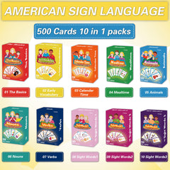 YIYDONG ASL flash cards showing ten themed packs for targeted learning