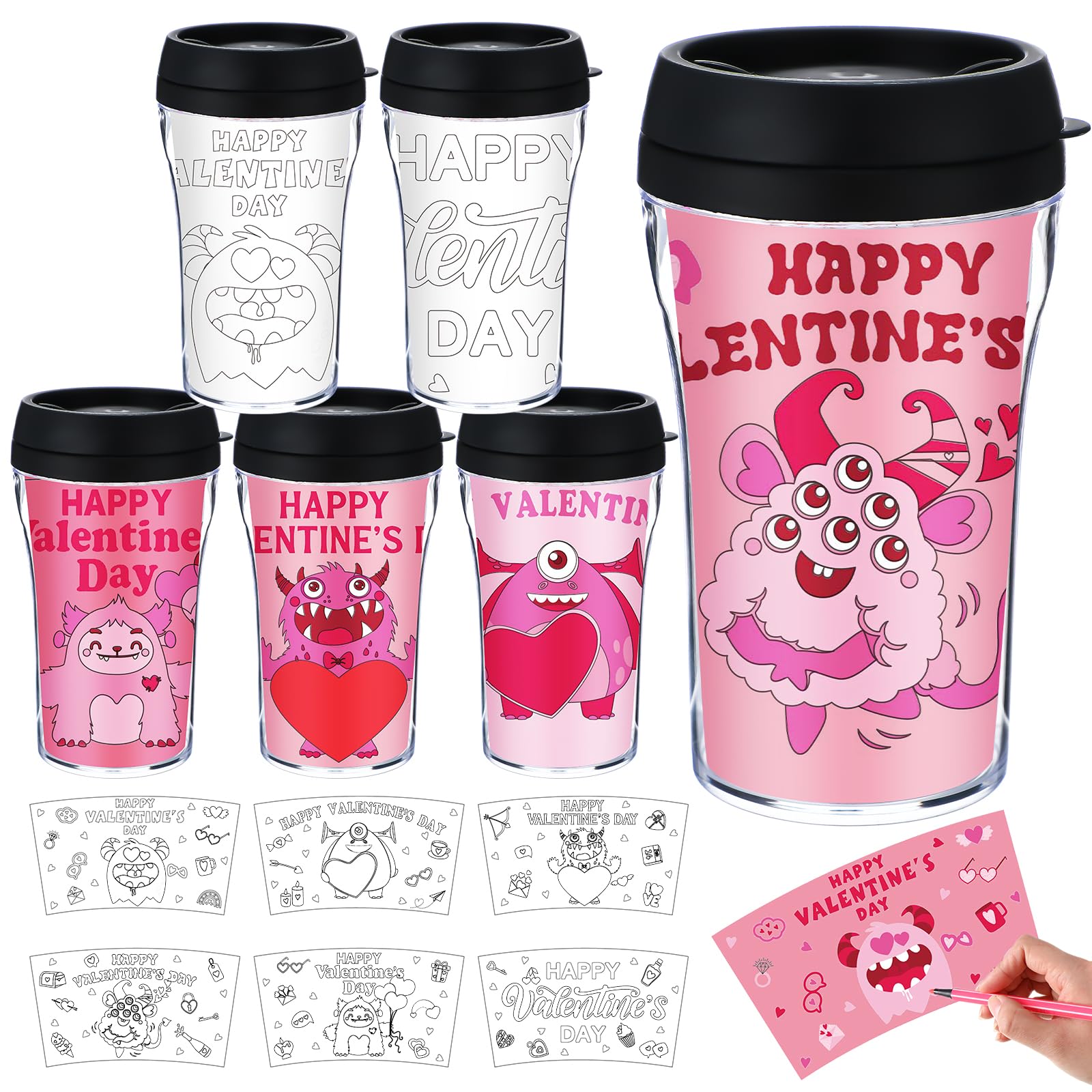 Yiyiring Valentine DIY cups 10 oz with coloring papers for personalized gifts