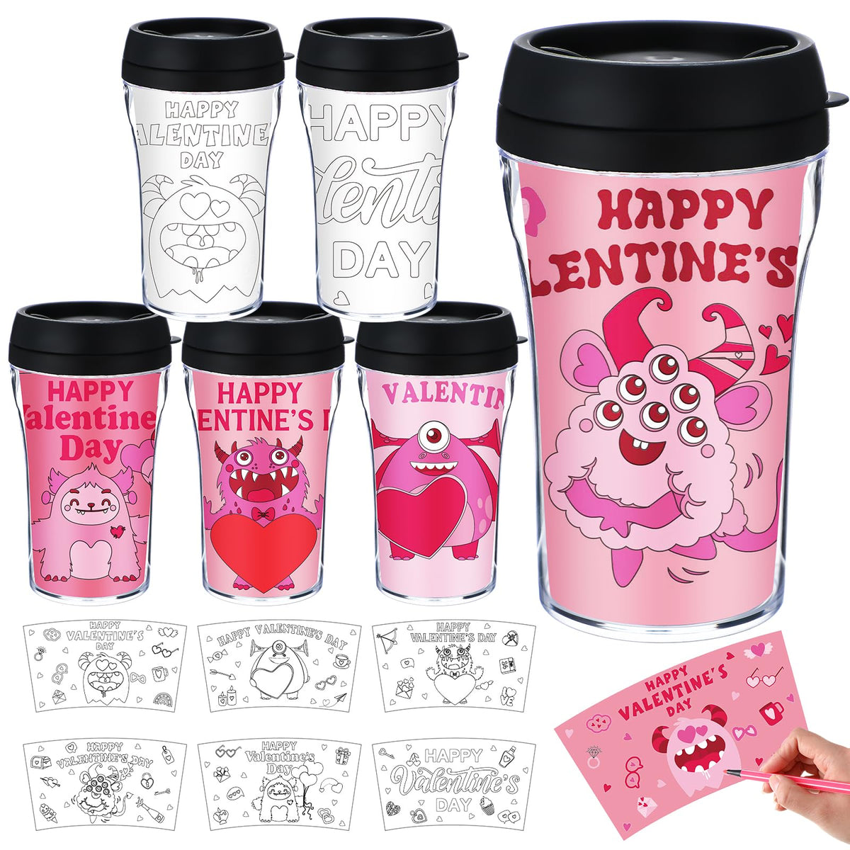 Yiyiring Valentine DIY cups 10 oz with coloring papers for personalized gifts