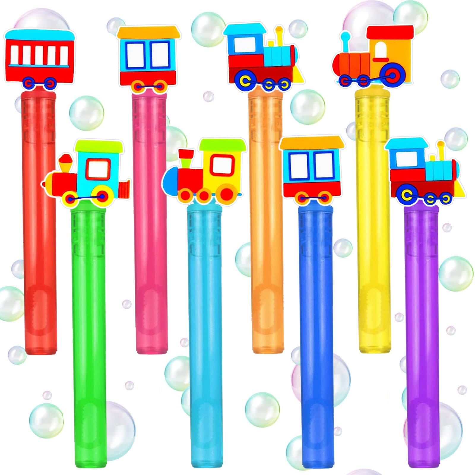 Yizeda train-themed mini bubble wands in vibrant colors for party decorations