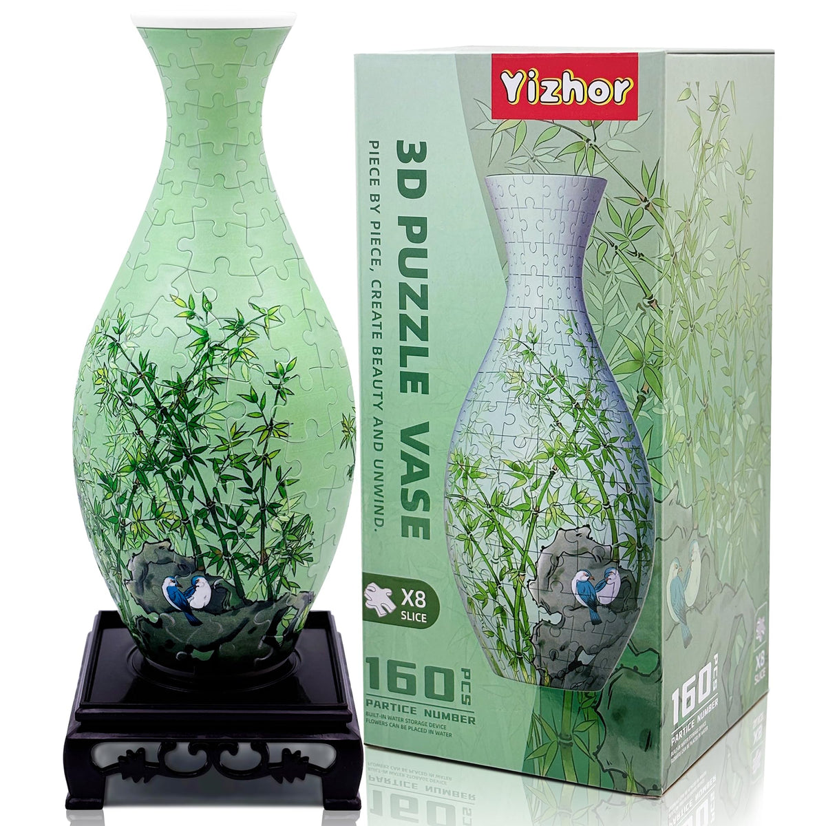 YIZHOR puzzle vase assembly shows interlocking pieces forming a decorative centerpiece