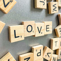 YJ PREMIUMS 52-piece wood magnets on a fridge for clear labeling and reminders.