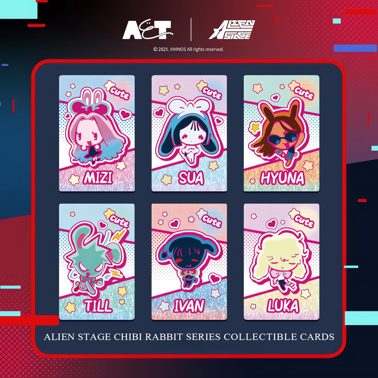 YJacuing Alien Stage Till chibi rabbit photocard with rainbow shimmer, perfect on shelf.