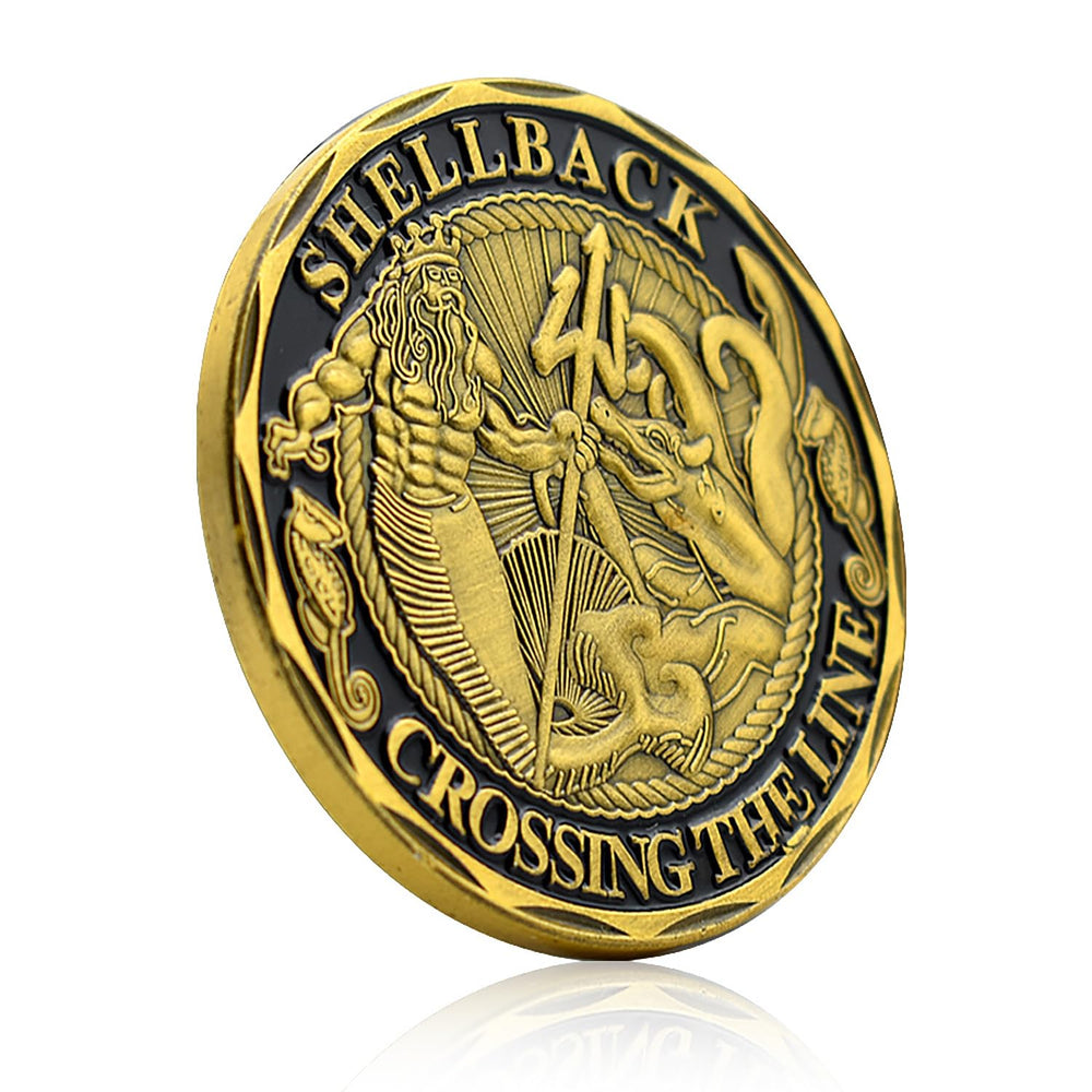 YKshop Shellback Coin on display stand ideal for shelf or case
