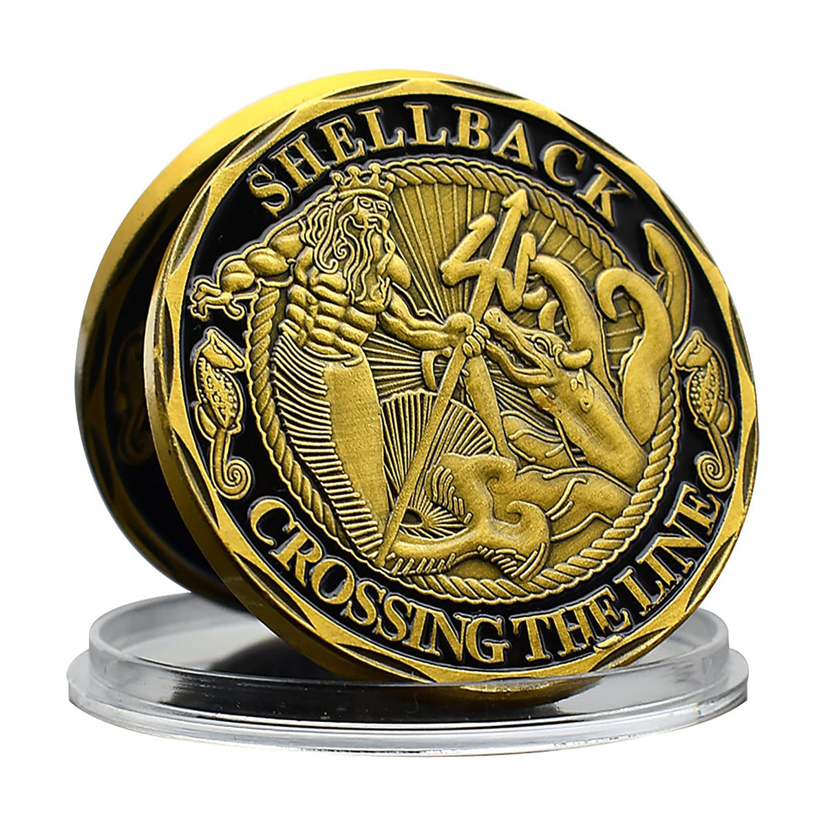 YKshop Shellback Coin front view showing the Navy emblem and symbolism