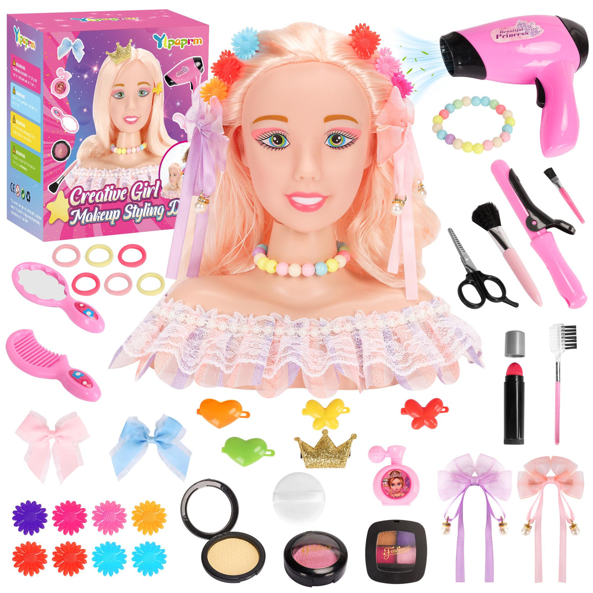 Ylpaprm deluxe makeup doll head set with 41 pieces for creative pretend play.