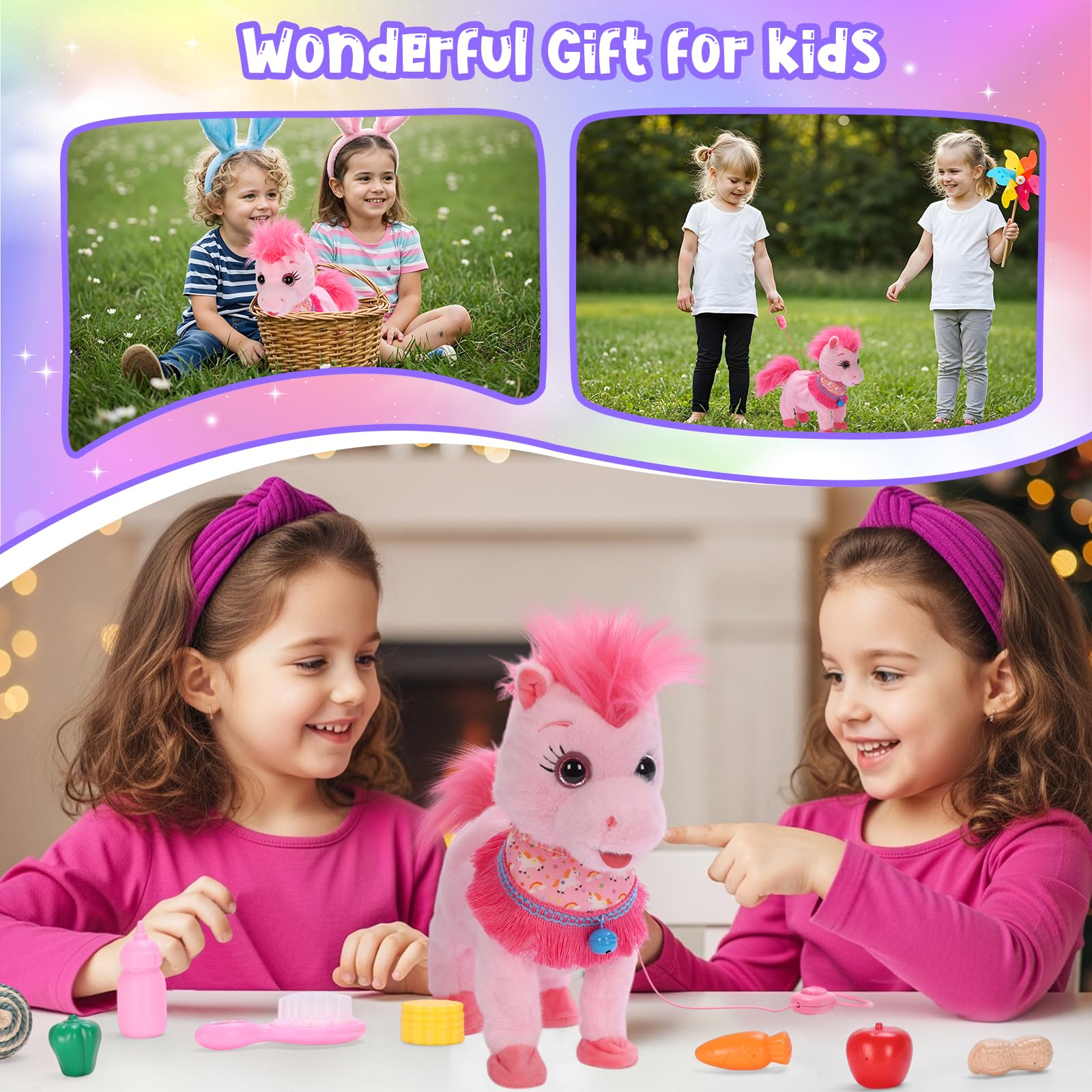 Ylpaprm Pink Walking Pony Set child playing with pony at home