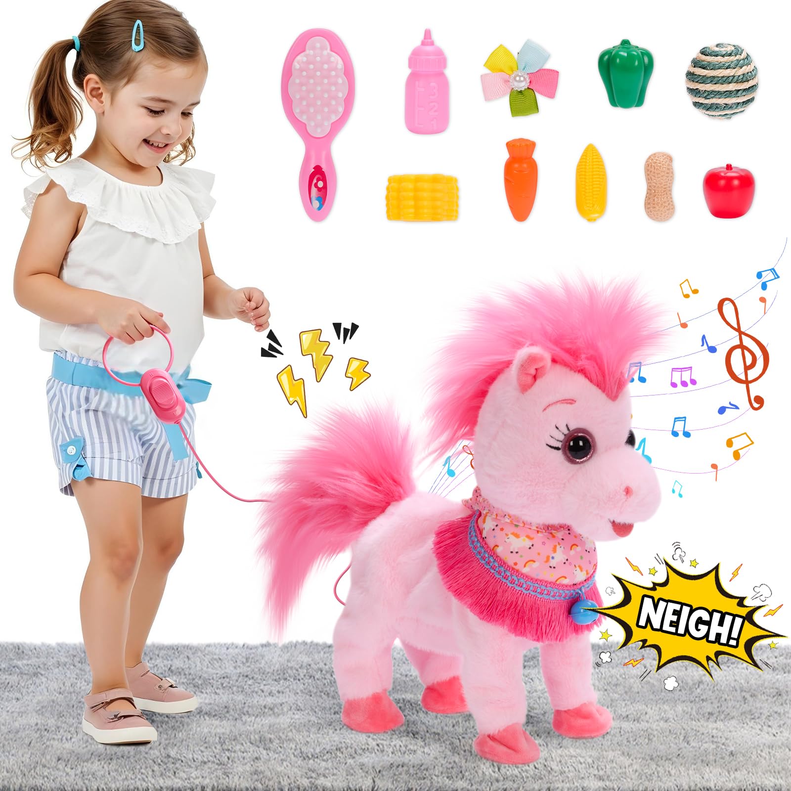 Ylpaprm Pink Walking Pony Set front view with soft plush texture for cuddly play