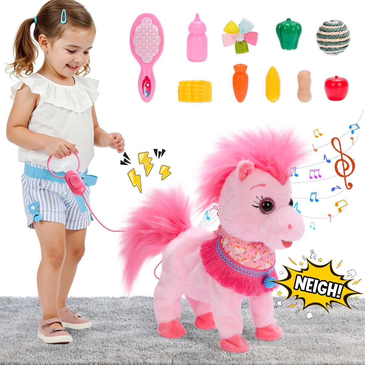 Ylpaprm Pink Walking Pony Set front view with soft plush texture for cuddly play