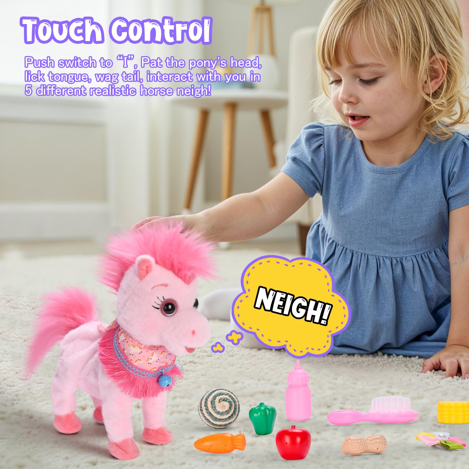 Ylpaprm Pink Walking Pony Set talking singing and voice mimic features