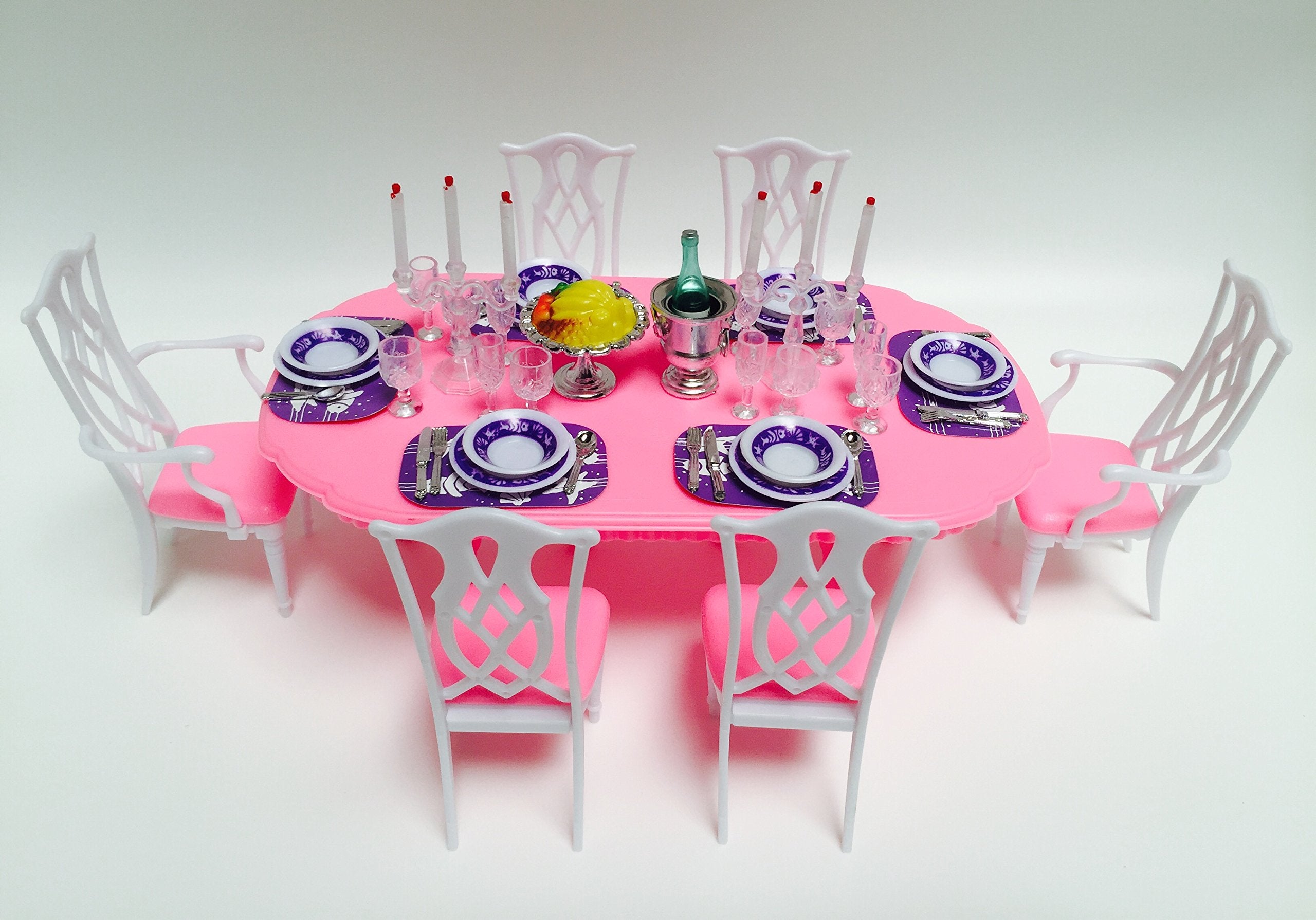 YMCtoys My Fancy Life lattice-back white chairs add charm to miniature dining scenes.