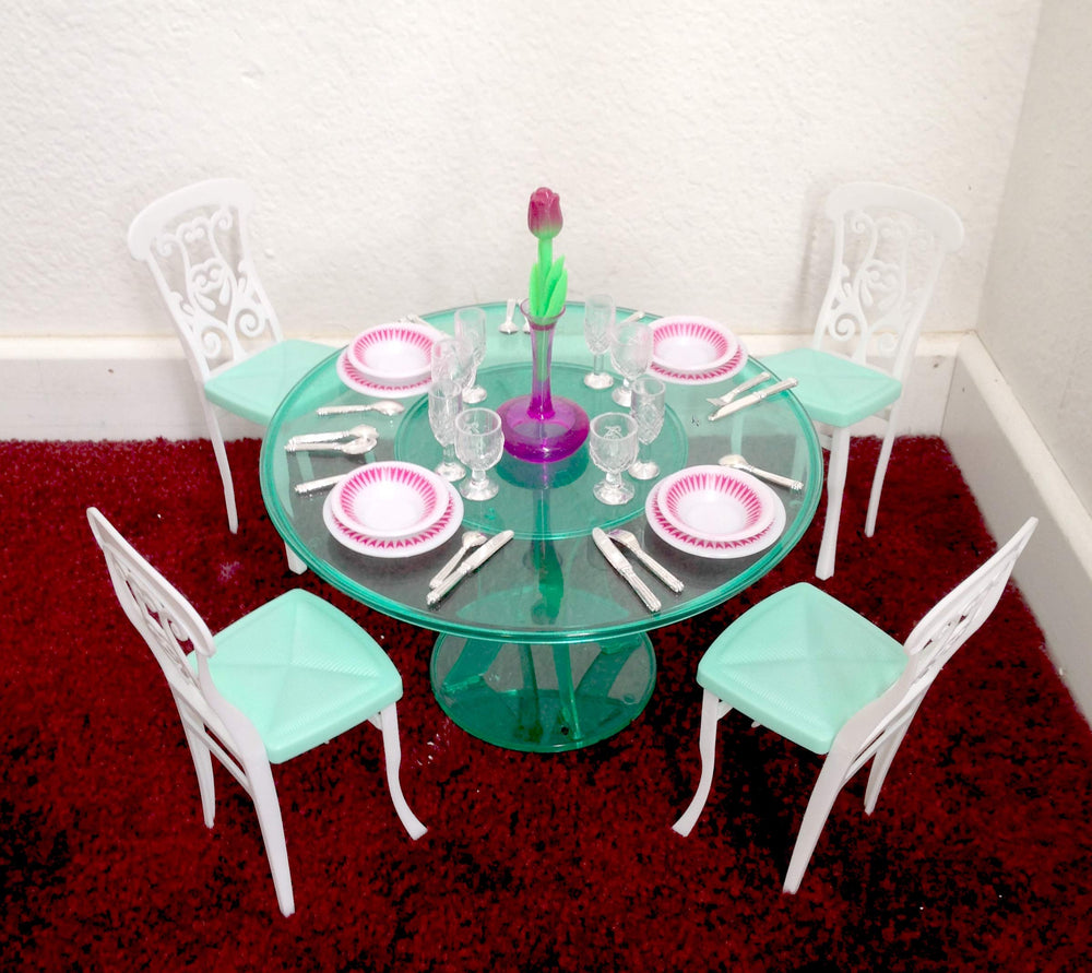 YMCtoys My Fancy Life round dollhouse table for elegant pretend dinners.