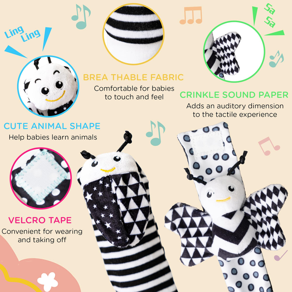Ymonlia rattle head features rustle paper to encourage auditory exploration.