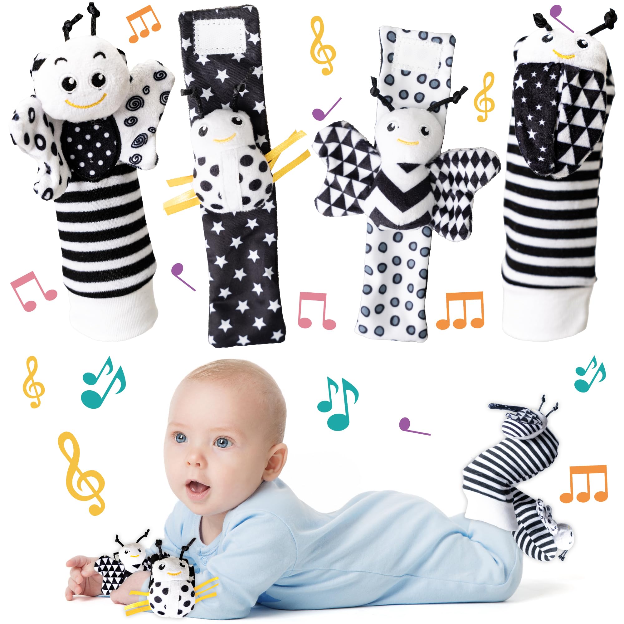 Ymonlia infant toys 0-6 months wrist rattle set helps soothe and stimulate early senses.