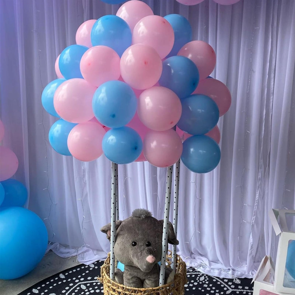 YMSZ balloon care tips highlighting safe handling and storage for pink blue set.