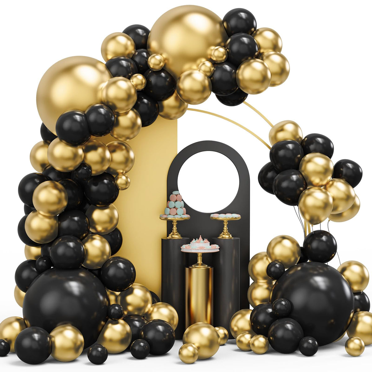 YMSZ black gold balloon arch kit for dramatic party backdrops.