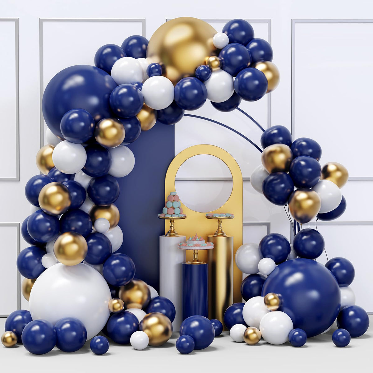 YMSZ blue and gold balloon arch kit front view for dramatic party entry