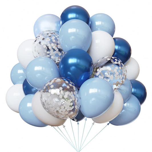 YMSZ blue and white balloon bundle for stylish baby shower decor.