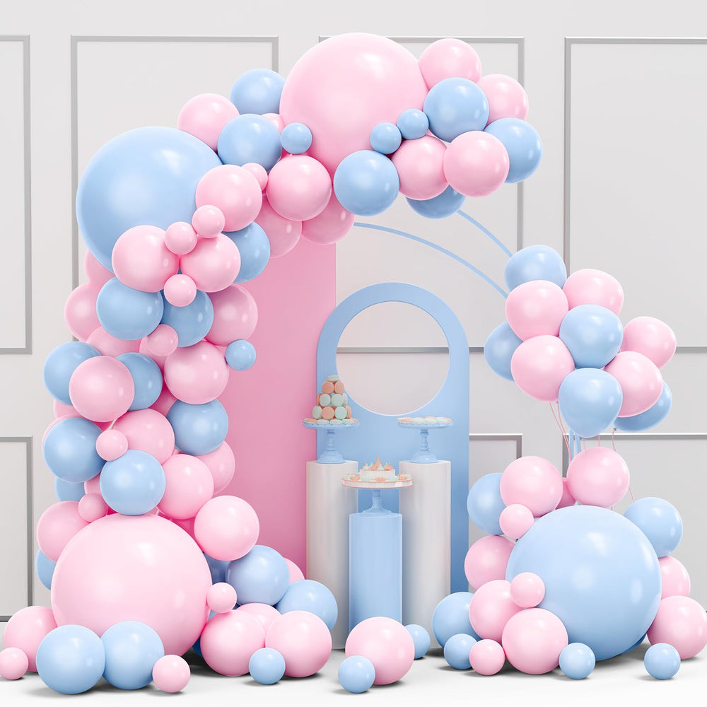 YMSZ pink-blue arch kit contents for quick gender reveal decor setup.