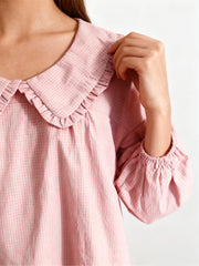 Ynhonra babydoll 34 puff sleeve plaid mini dress doll collar close-up emphasizes casual chic and comfort