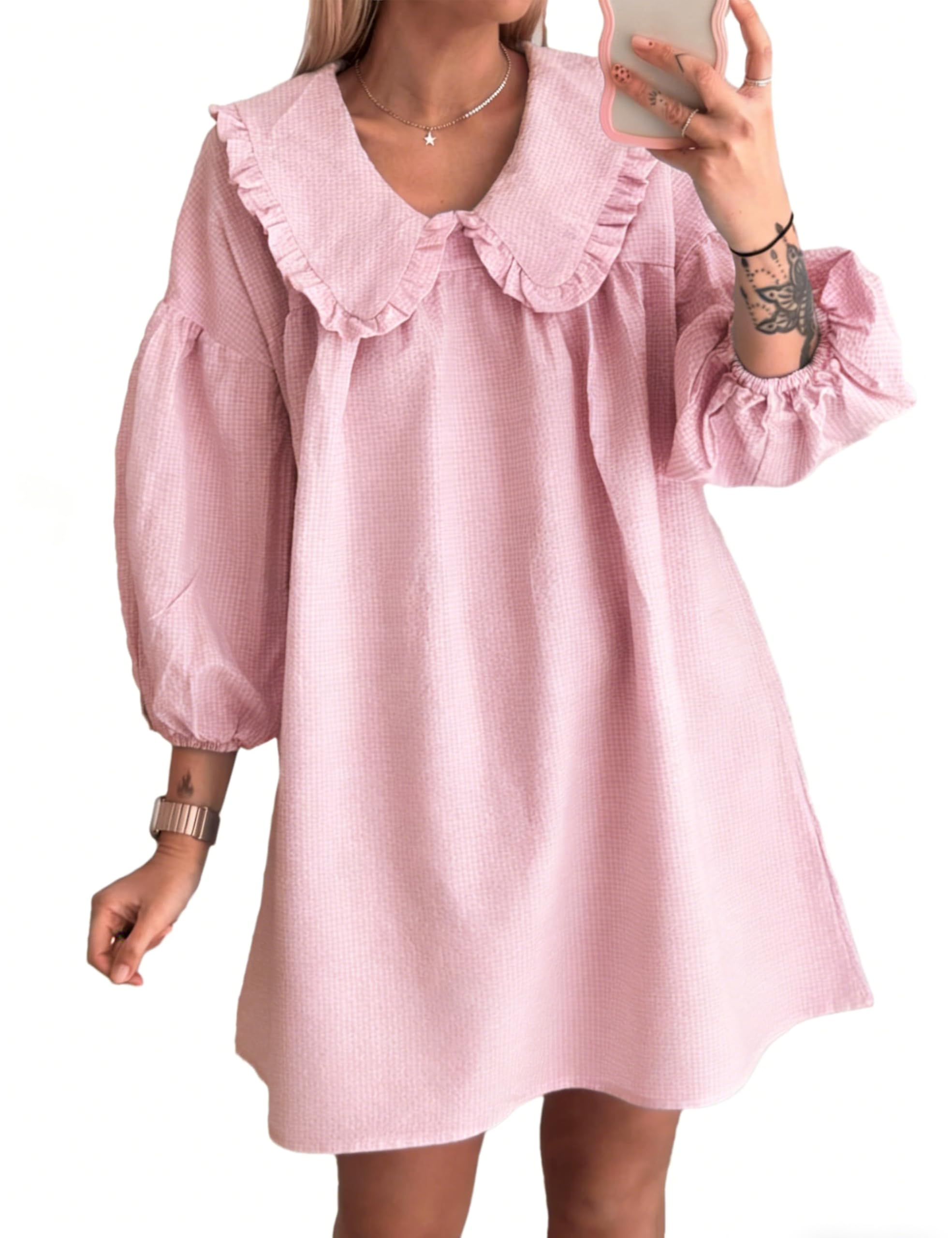 Ynhonra babydoll 34 puff sleeve plaid mini dress front view highlights airy relaxed fit