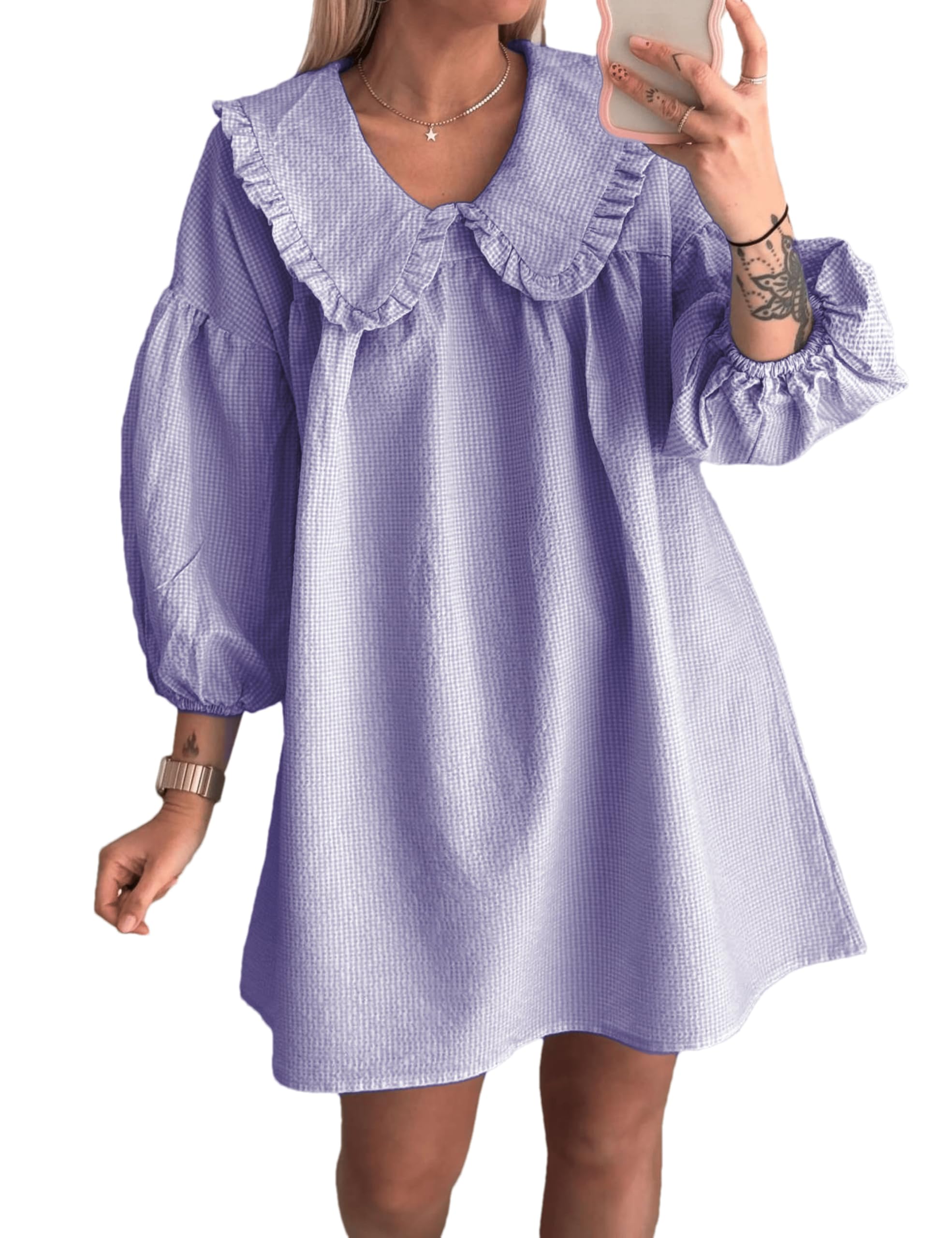 Ynhonra babydoll dress with doll collar in purple, relaxed silhouette for casual wear