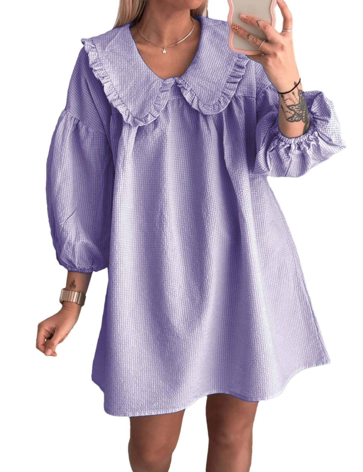 Ynhonra babydoll dress with doll collar in purple, relaxed silhouette for casual wear