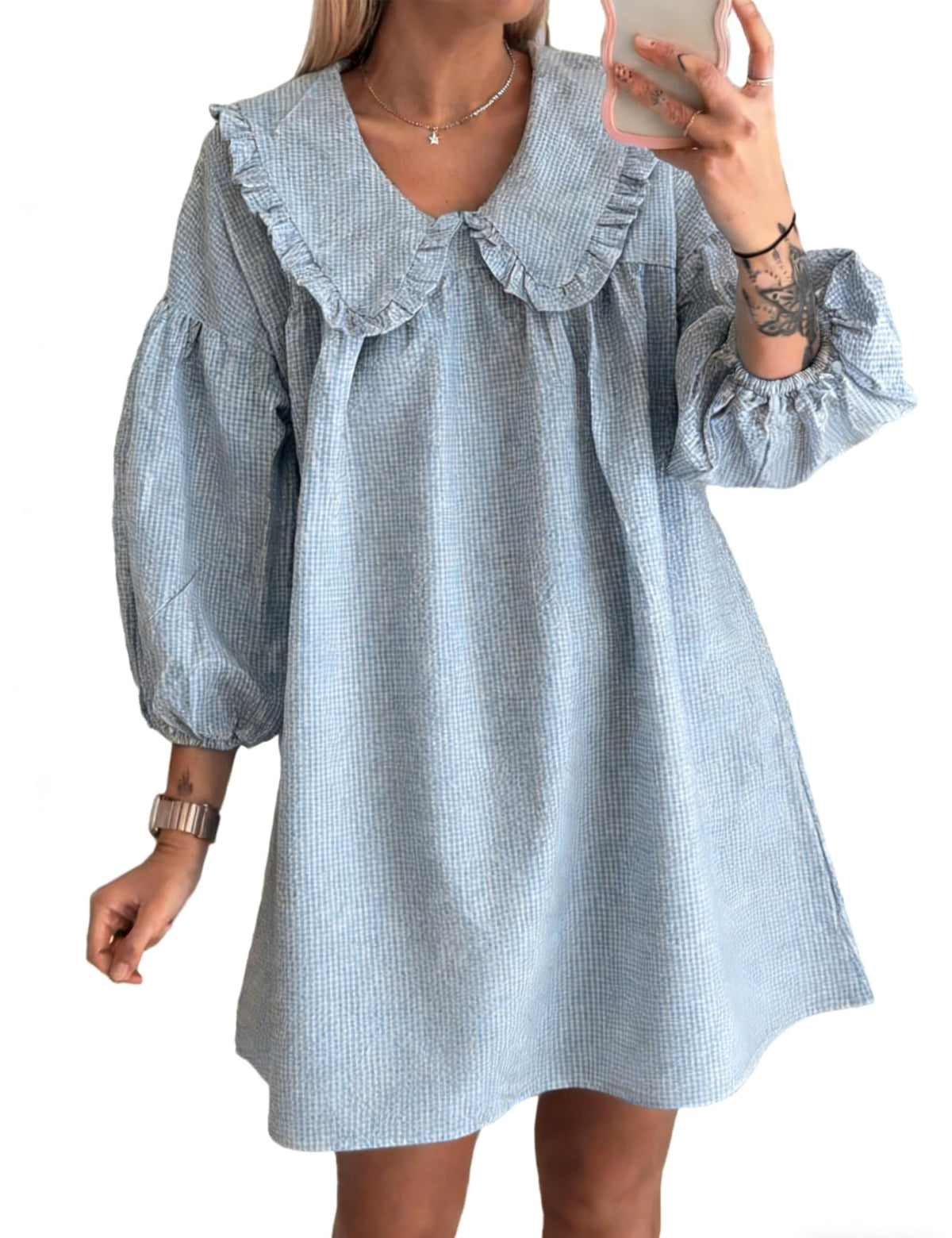 Ynhonra babydoll dress navy front view highlighting relaxed silhouette and doll collar for casual styling.