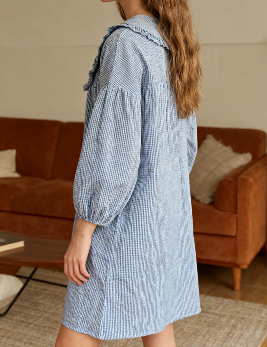 Ynhonra babydoll dress navy sleeve detail showcasing puff sleeves and breathable fabric.