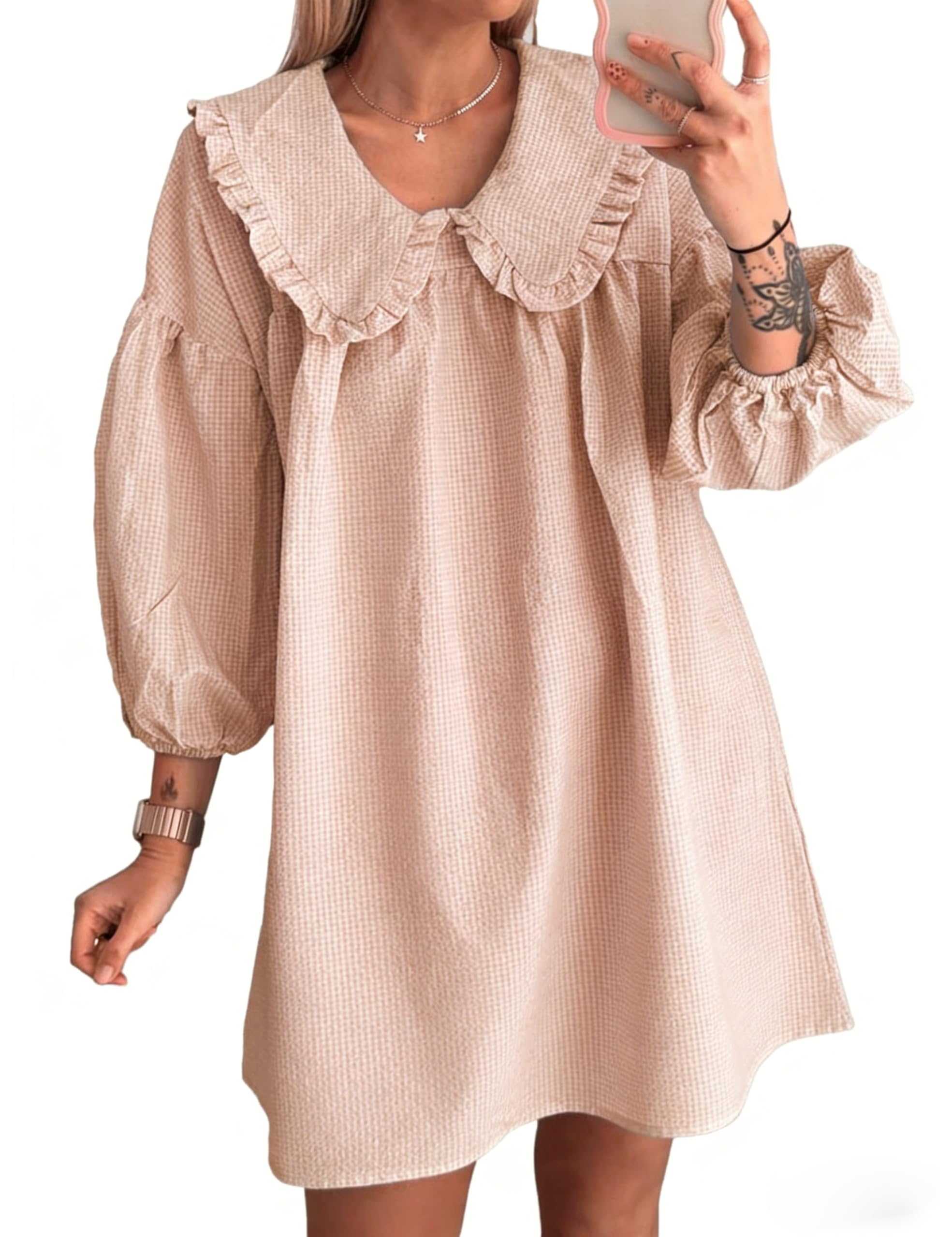 Ynhonra babydoll dress in peach plaid with 3/4 sleeves, airy and casual.
