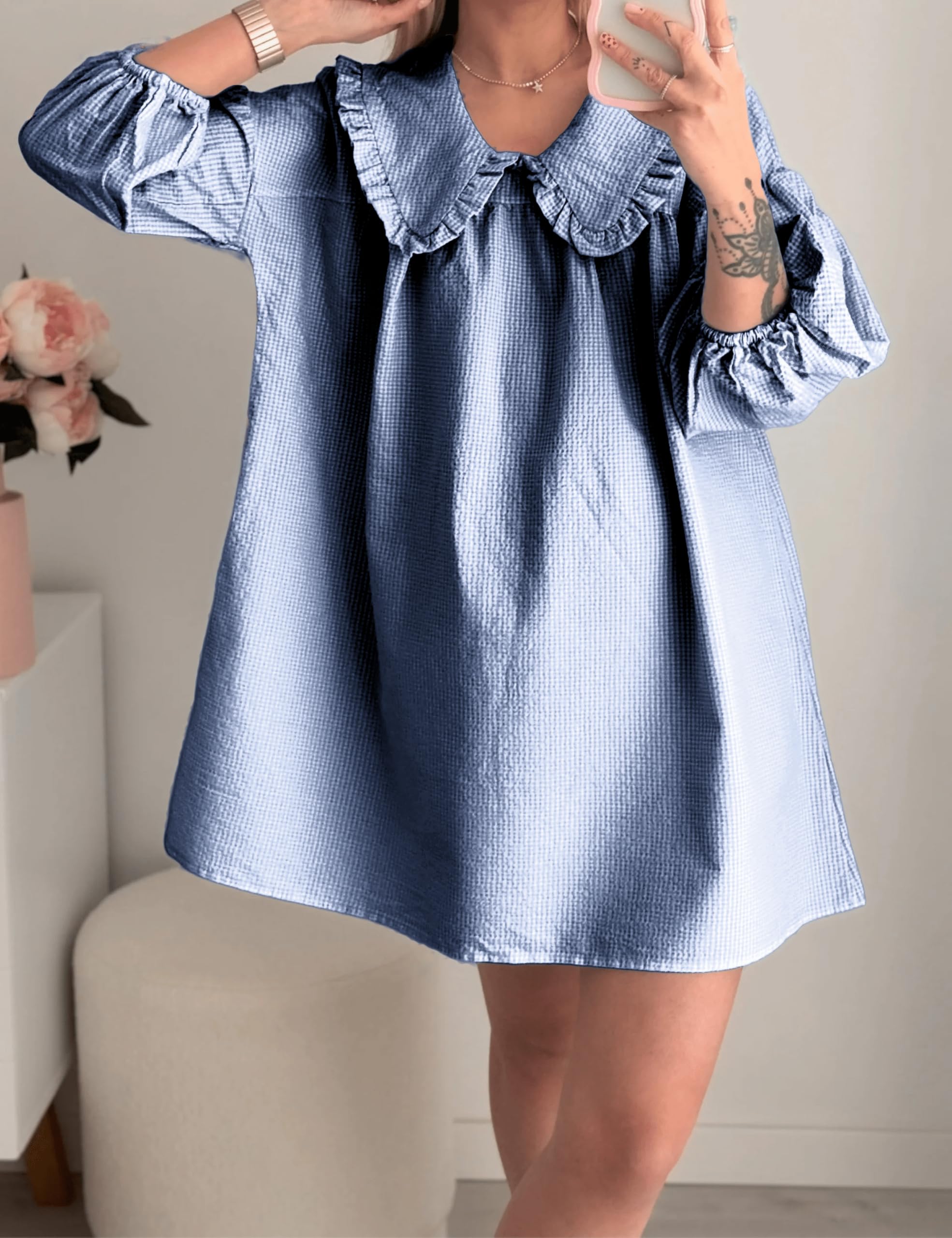 Ynhonra plaid mini dress with puff sleeves, relaxed fit for casual outings.