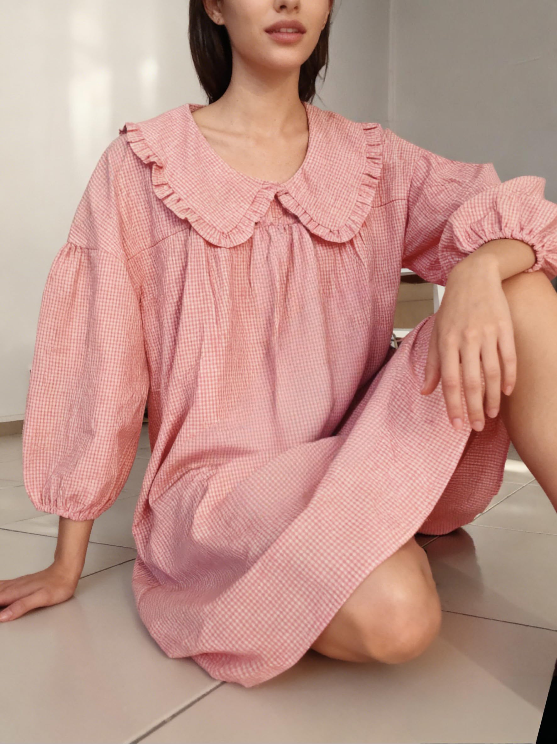 Ynhonra plaid mini dress with puff sleeves in coral, versatile everyday wear