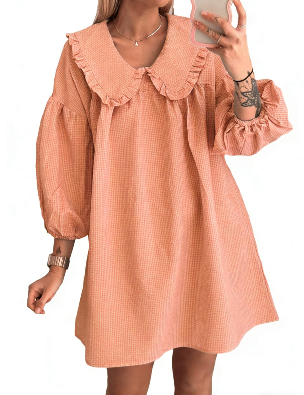 Ynhonra neon pink babydoll dress with doll collar for relaxed summer days.