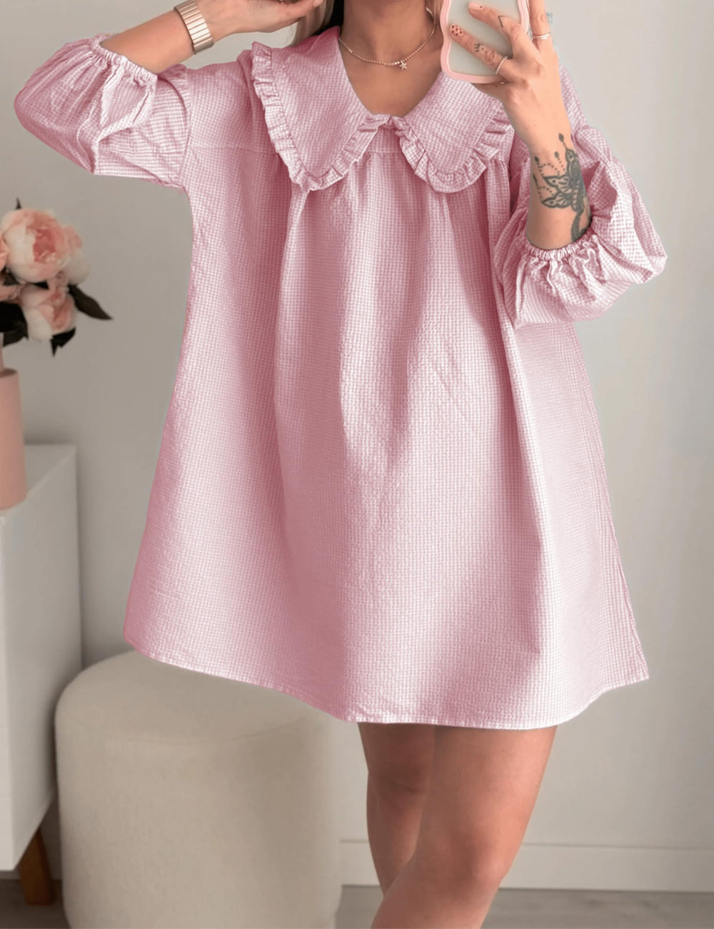 Ynhonra plaid mini dress with 3/4 sleeves for casual outings
