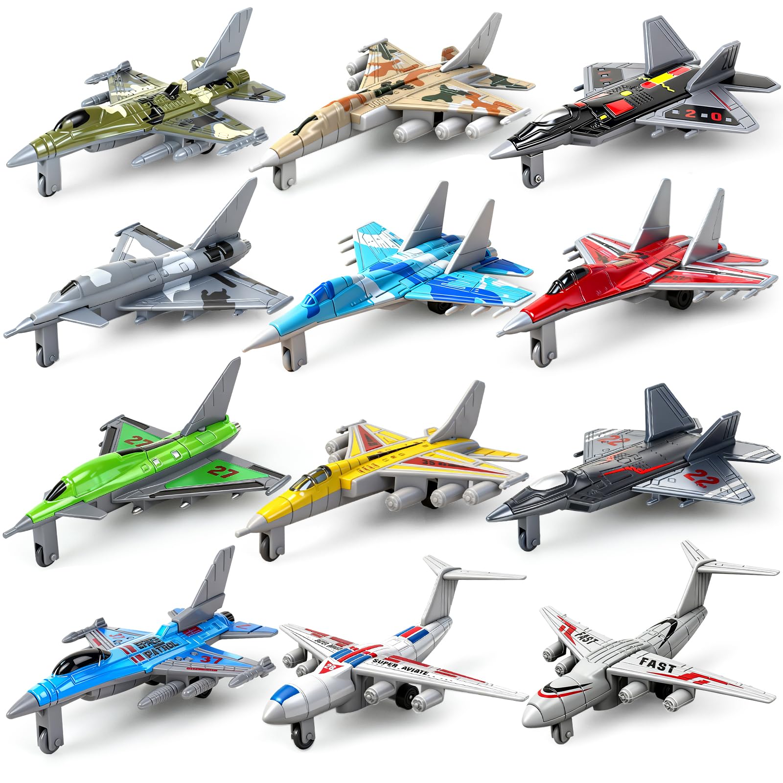 Ynybusi 12-pack toy airplanes with varied designs for imaginative play.