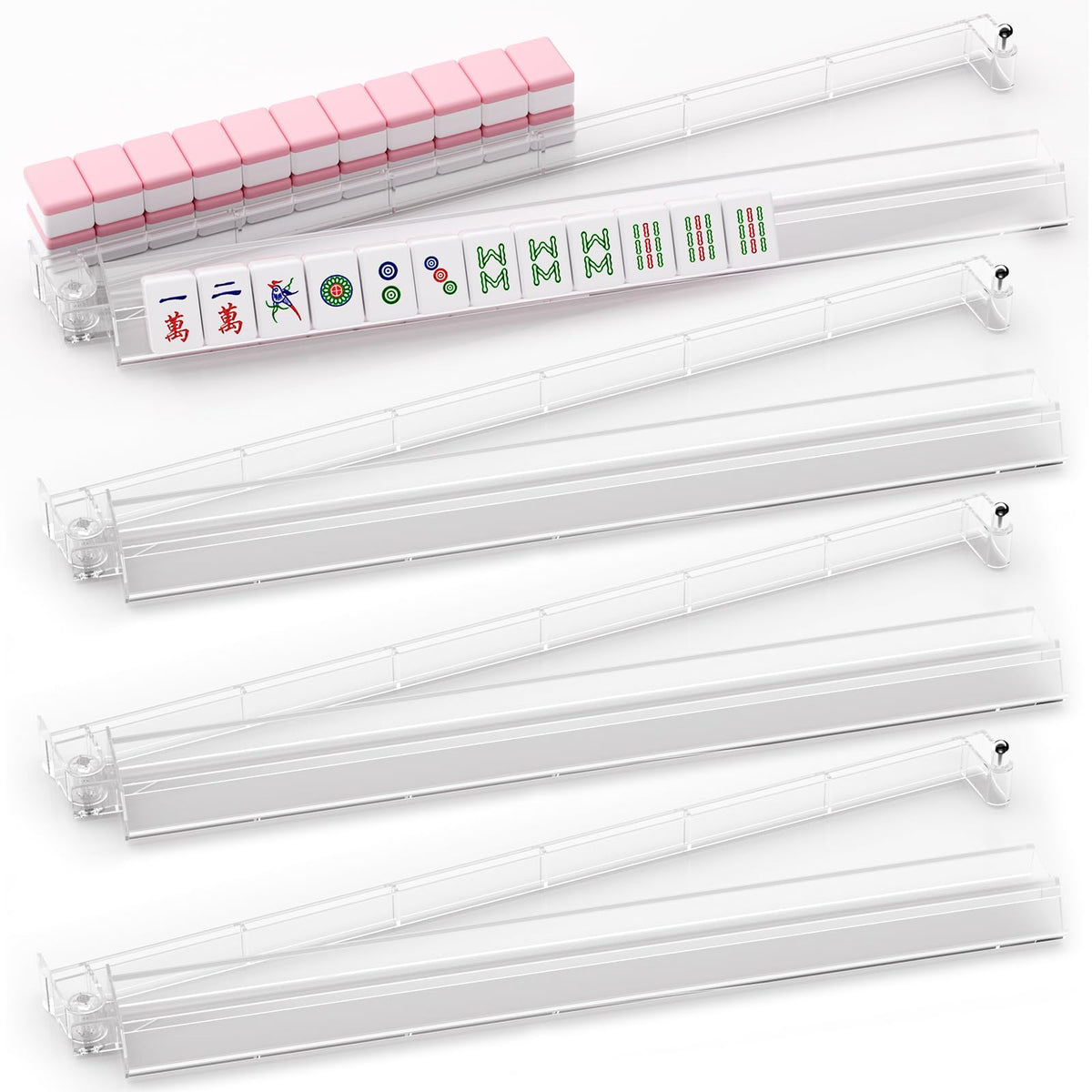 YOAEAILY Mahjong rack with pushers in clear acrylic protecting tiles.