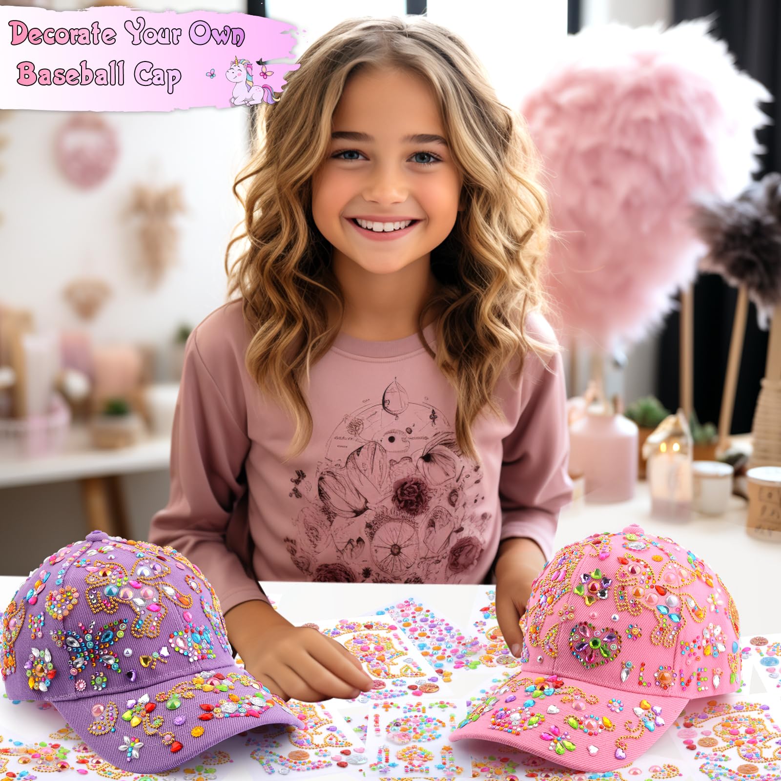 Yoart DIY craft kit box for girls features two caps and unicorn gem stickers.