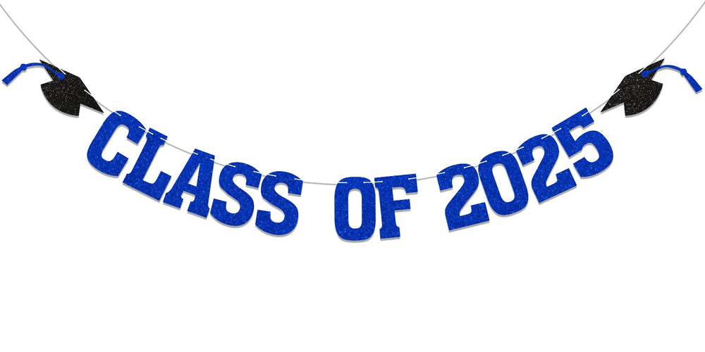 Yochamc Class of 2025 banner letters close-up with blue glitter for party decor