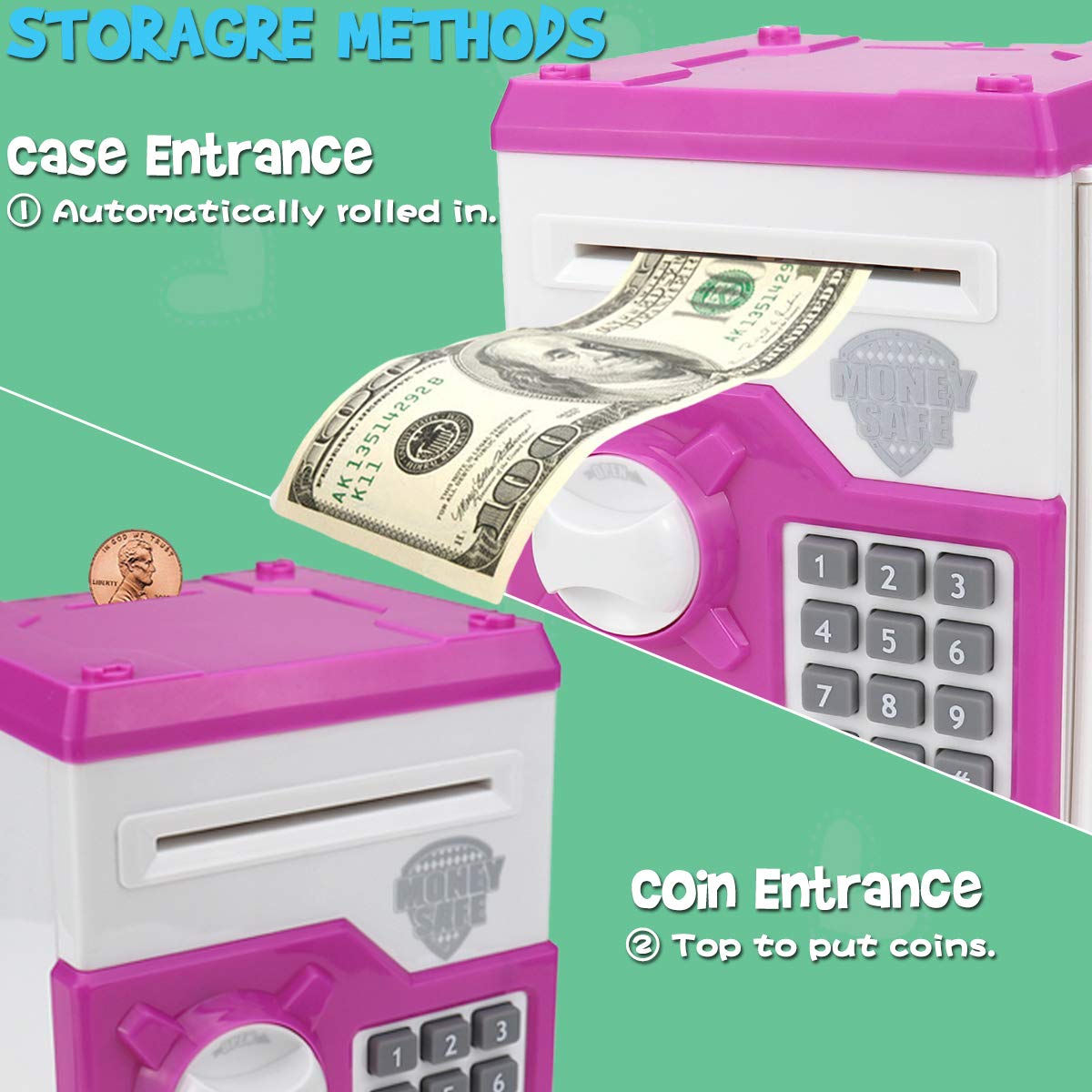 YOEGO money bank coin slot detail emphasizes high capacity for coins and notes