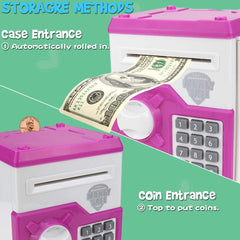 YOEGO money bank coin slot detail emphasizes high capacity for coins and notes