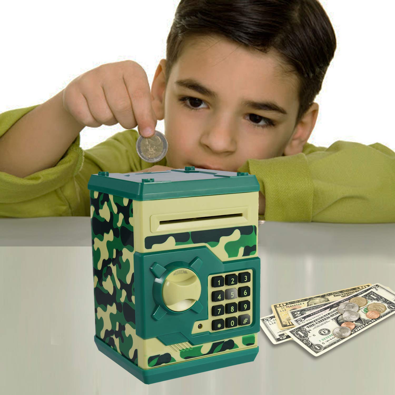 Yoego Kids Money Bank green camo battery compartment for power