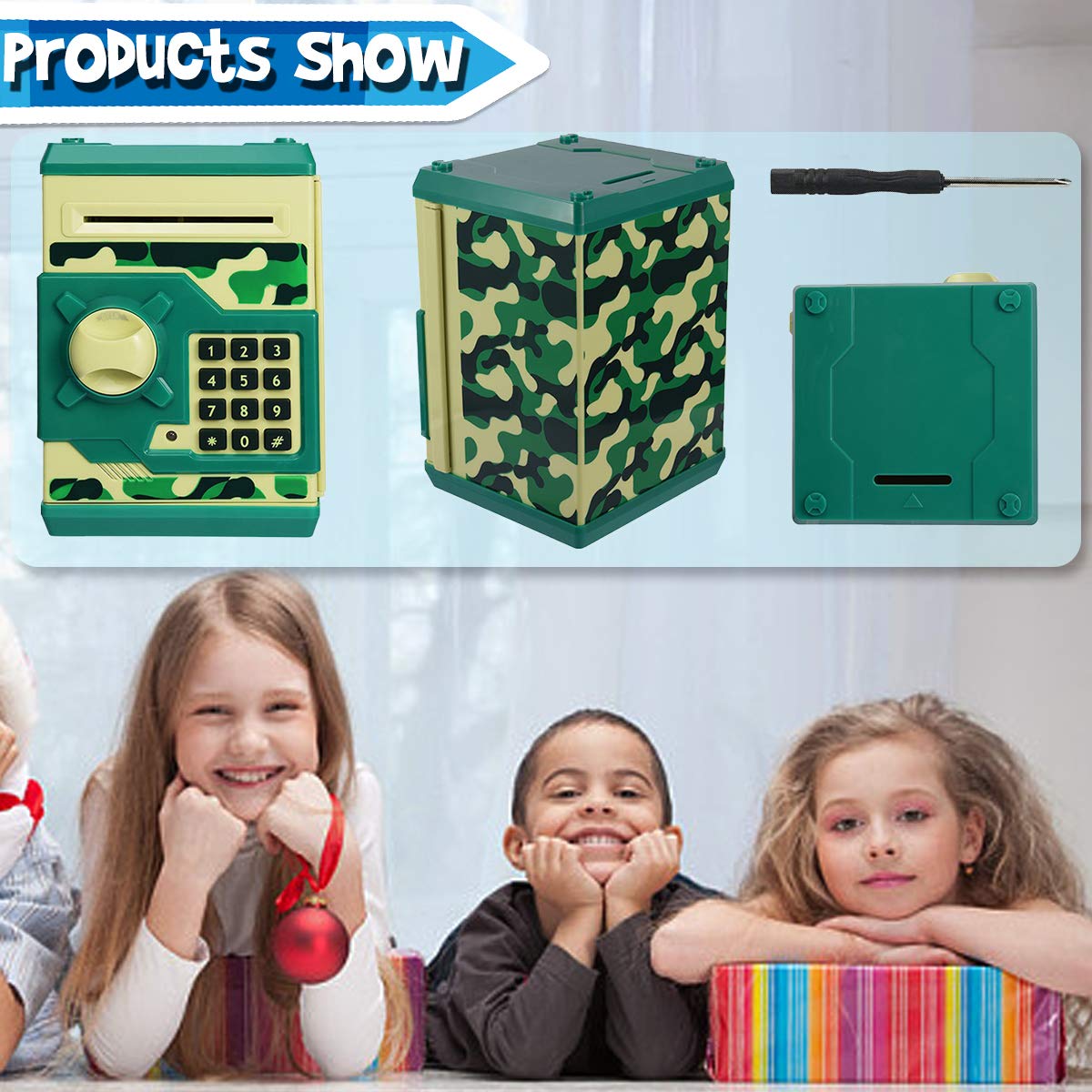 Yoego Kids Money Bank green camo coin slot for coins and bills