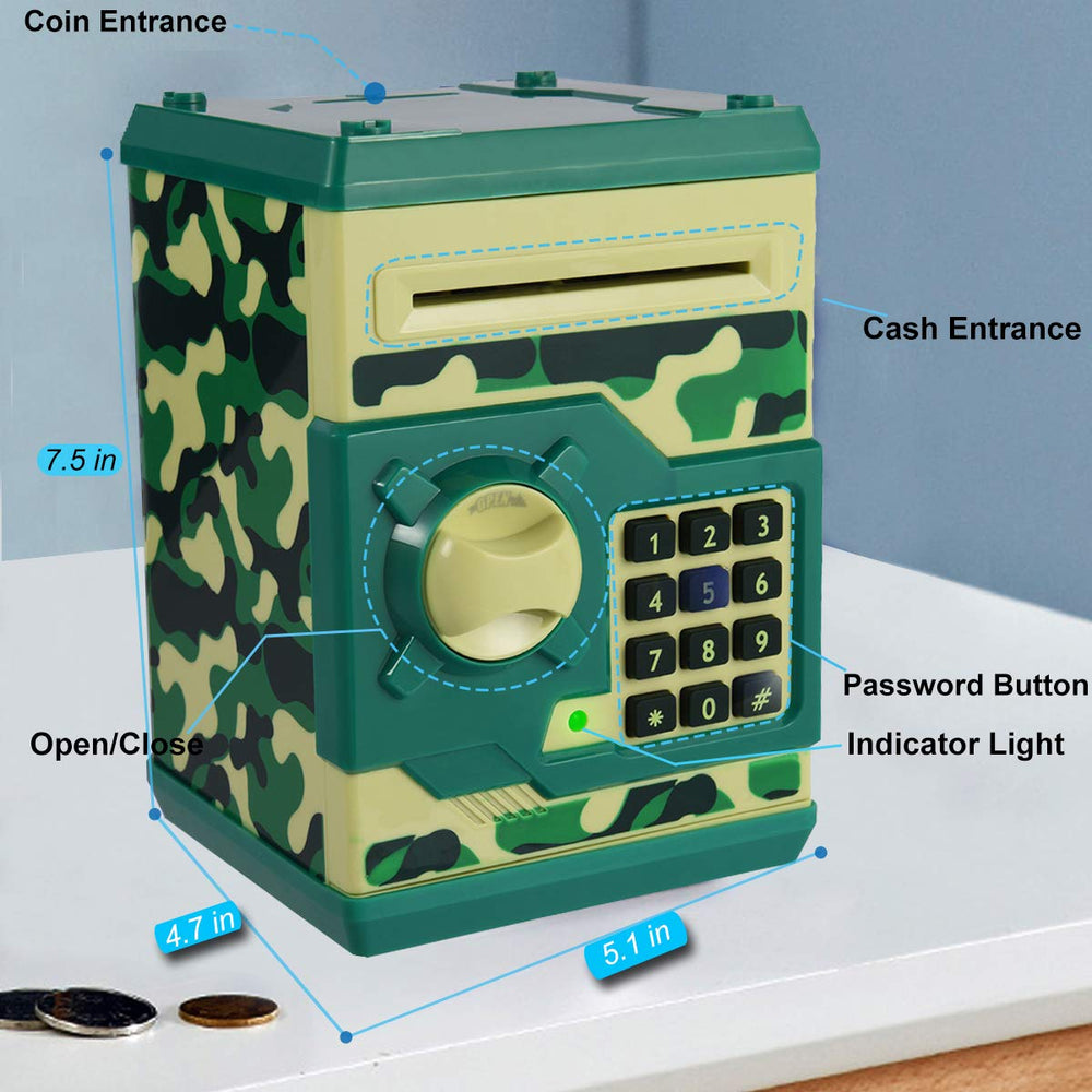 Yoego Kids Money Bank green camo password dial with default code 0000