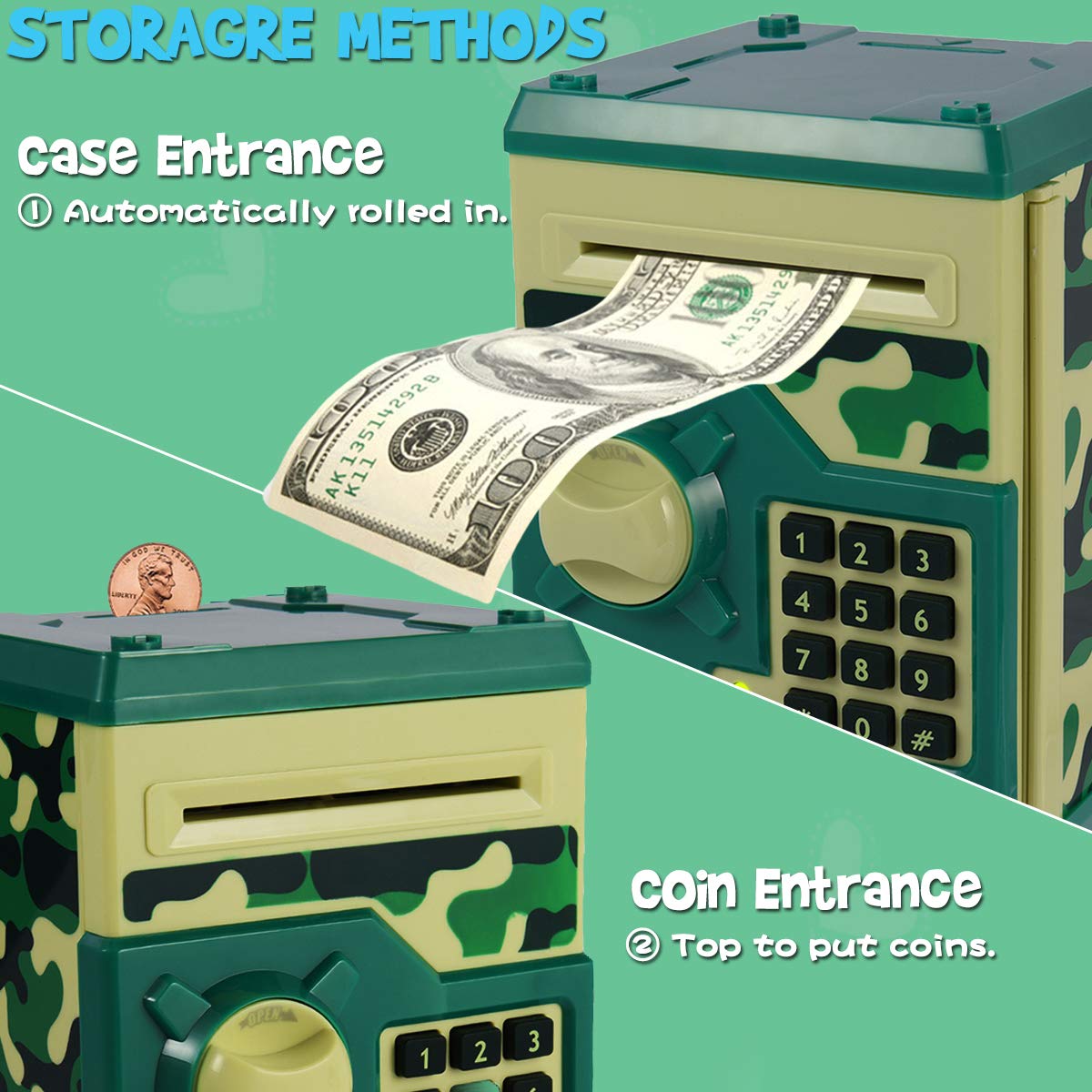 Yoego Kids Money Bank green camo scroll action demonstrating automatic saving feature