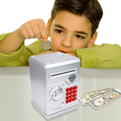 Yoego Kids Money Bank silver battery compartment enables continued use with AA batteries.